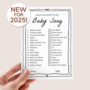 Babyparty Spiel - Ordne den Song dem Künstler zu - Baby Song Trivia - Musik Trivia Spiel - Druckbare geschlechtsneutrale Babyparty Spiele zum Herunterladen