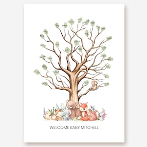 Woodland Baby Shower Guest Book Alternative – Fingerprint Tree Sign – Digital Forest Animal Keepsake – Templett Printable Download