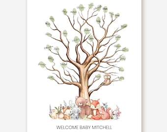 Woodland Baby Shower Guest Book Alternative – Fingerprint Tree Sign – Digital Forest Animal Keepsake – Templett Printable Download