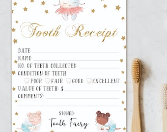 Carta y recibo del Hada de los Dientes para imprimir para niñas / Lindo certificado del Hada de los Dientes / Nota del Hada de los Dientes para descargar al instante / Recuerdo personalizado