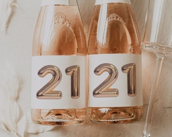 Printable 21st Birthday Champagne Label, Gold Balloon Mini Wine Label, Party Favor Decor, Digital Download, 21st Celebration Tag