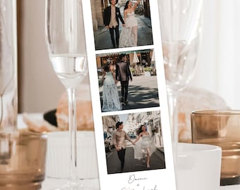 Puede incluir: Una tira de cabina de fotos con tres fotos de una pareja en un entorno urbano. La pareja está vestida con atuendo de boda. El texto en la parte inferior de la tira dice "Demi + Michael" y "20XX".