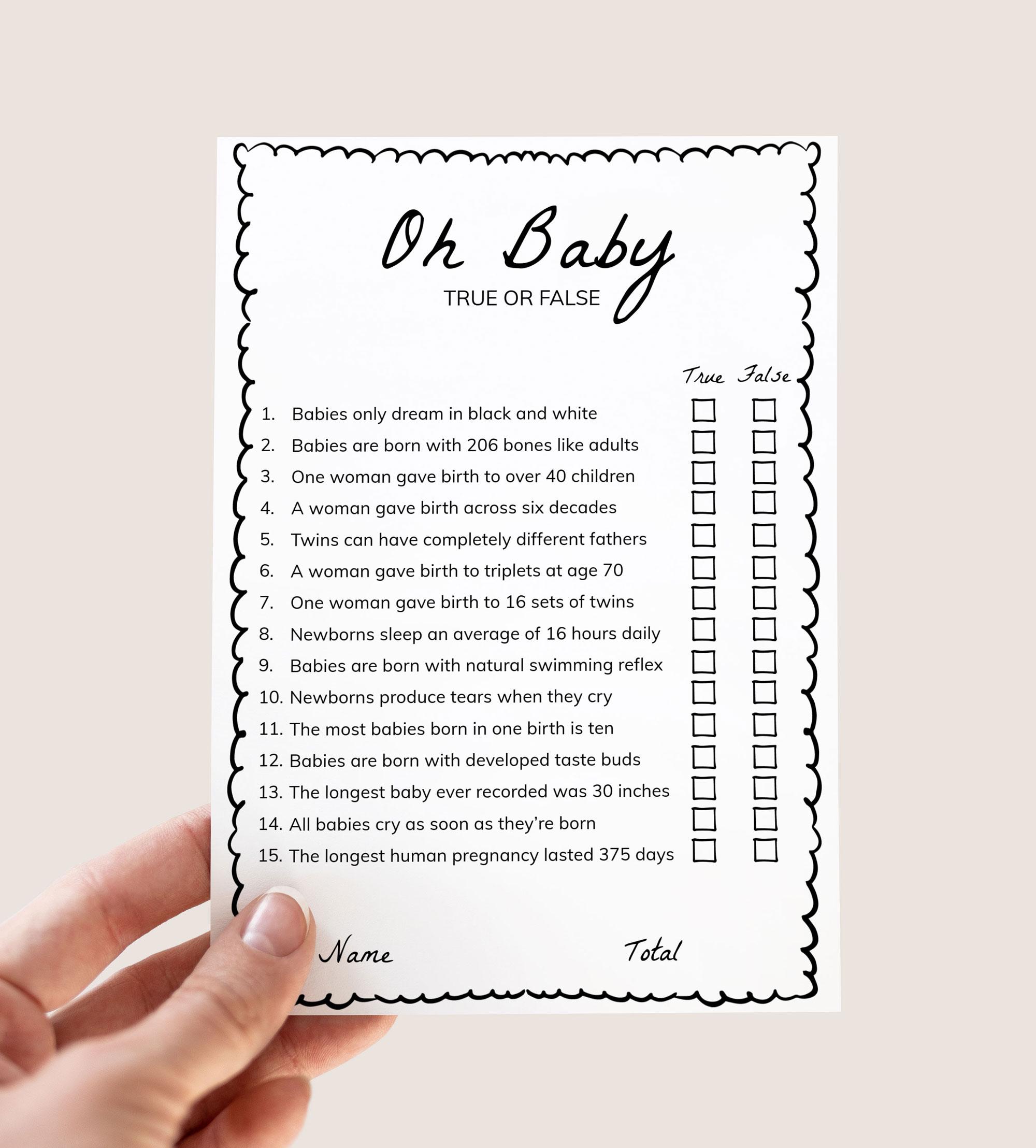 Baby Shower True or False Game Printable, Fun Trivia Quiz, Gender ...