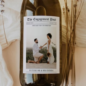 結婚婚約新聞テンプレート - 婚約発表ワインボトルラベルテンプレート、カスタム写真婚約新聞ワインラベル