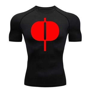 May include: Black short-sleeved compression shirt with a red graphic of a stylized circle with a vertical line through the center.