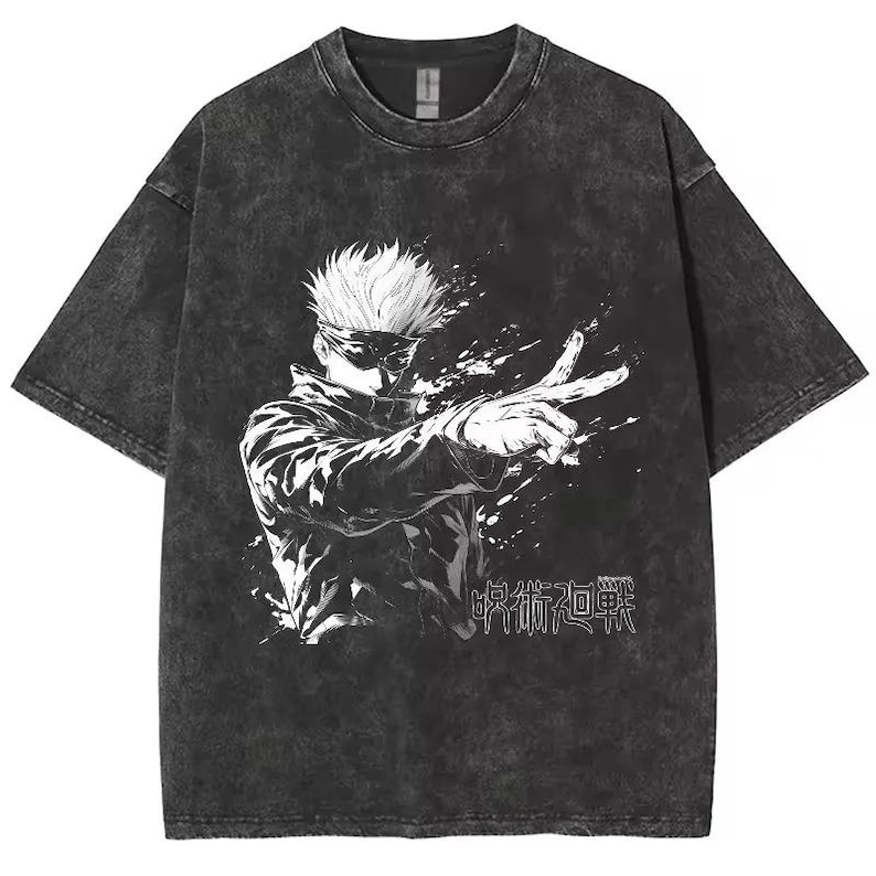 May include: Dark gray t-shirt featuring a white and black graphic of an anime character with white hair and sunglasses. The character is pointing with one hand, and Japanese text is below the image. The shirt has a vintage, washed look.