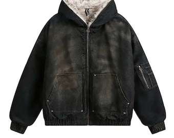 Vintage bontjas met capuchon en distressed-effect
