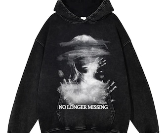 Retro Grafik Hoodie ""No Longer Missing"", schwere Baumwolle."
