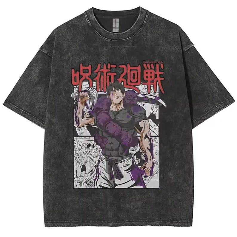 May include: Dark gray t-shirt featuring a manga-style illustration of a muscular character with a sword and purple accents. The Japanese text is in red. The shirt has a vintage, washed appearance.
