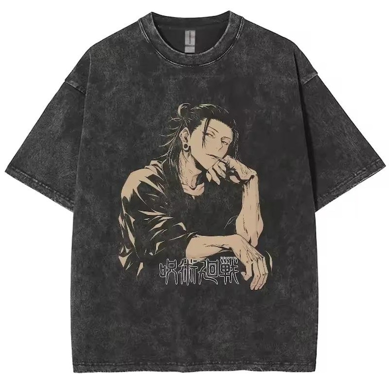 May include: Dark gray t-shirt featuring a graphic of an anime character with long hair and a contemplative pose. The shirt has a vintage, washed appearance. Japanese text is printed below the character.