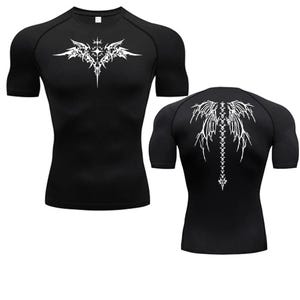 May include: Black compression top with short sleeves. It has a white, stylized graphic on the chest and back. The front design is symmetrical, and the back design is vertical.