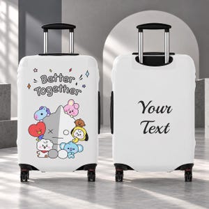 May include: Two white suitcases with black handles and wheels. The left suitcase features the text Better Together and colourful cartoon characters. The right suitcase displays the black text Your Text in a cursive font style.