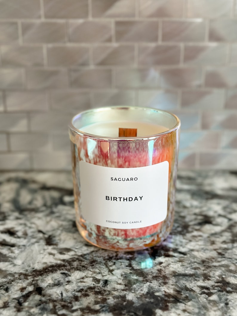 Birthday Coconut Soy Wax Candle Iridescent Prism Jar Candle Wood Wick