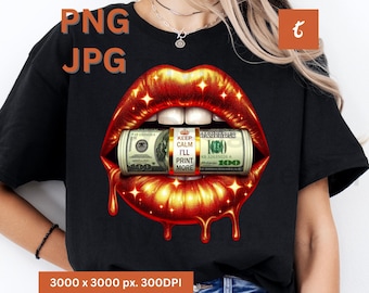 Geld lippen PNG - rode lippen druipend bling geld, luxe mode clipart, bling glamour lippen digitale download, Wealthy Hustle T-shirt Design