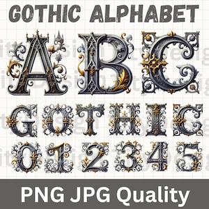 Letra gótica - Alfabeto gótico - Monograma floral gótico - Alfabeto de Halloween - Inglés antiguo - Toscano gótico - Esqueleto gótico - Fuente vintage