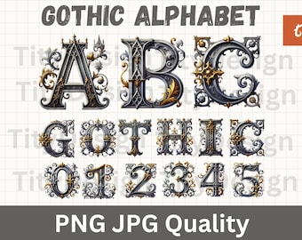 May include: Gothic alphabet letters A through H and 0 through 5 in a decorative, ornate, silver and gold font with floral accents.