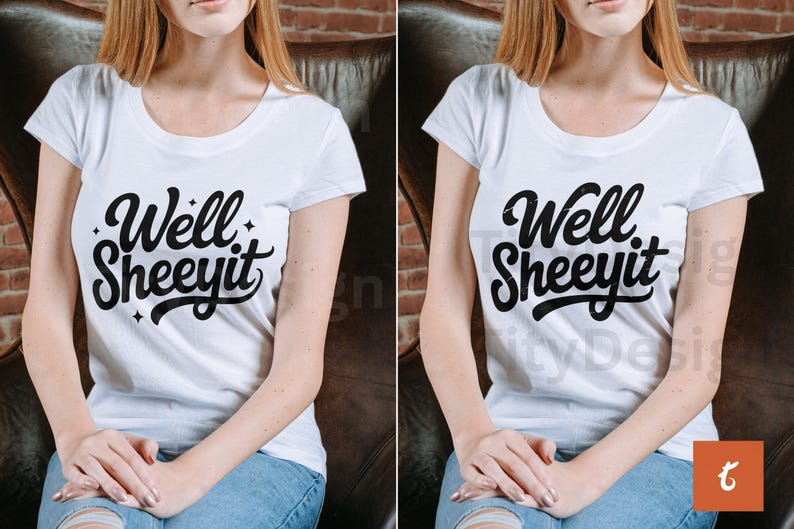 Woman wearing a white T-shirt in two styles of “Well Sheeyit” design, one with sparkles and one distressed.