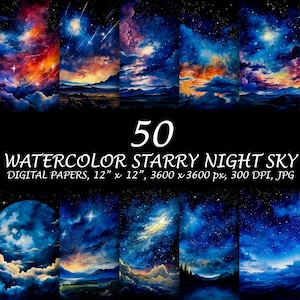 Sterrennacht digitaal papier - 50 blauwe aquareltextuur - nachtelijke hemelachtergrond - plakboek melkwegstelsel - melkwegachtergronden jpg - 300 DPI