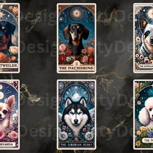 May include: Tarot card deck featuring different dog breeds, each with a celestial background and floral accents. The cards include The Rottweiler, The Dachshund, The Australian Cattle Dog, The Chihuahua, The Siberian Husky, and The Poodle.