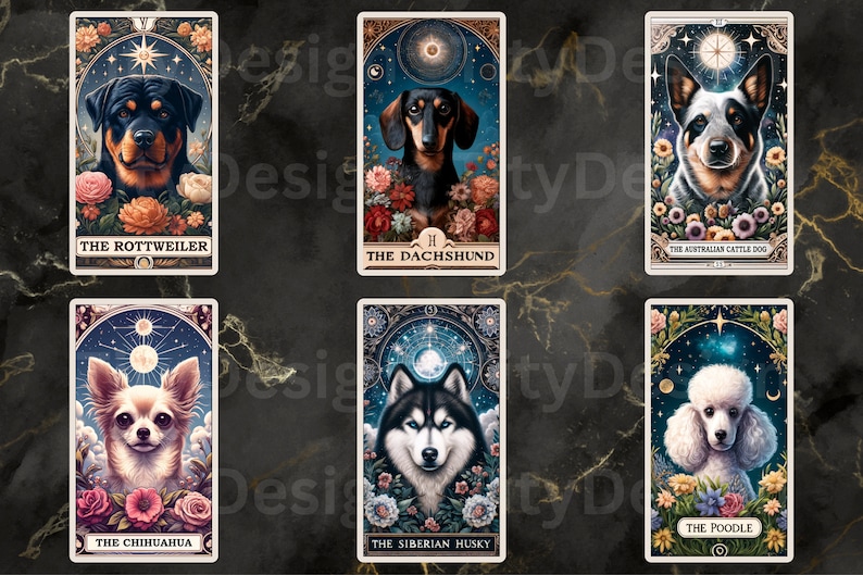 May include: Tarot card deck featuring different dog breeds, each with a celestial background and floral accents. The cards include The Rottweiler, The Dachshund, The Australian Cattle Dog, The Chihuahua, The Siberian Husky, and The Poodle.