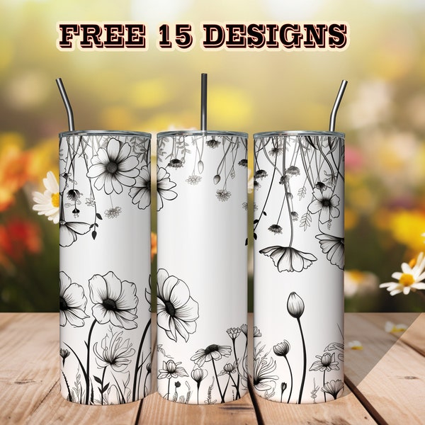 Black and White Wild Flowers Tumbler Wrap, Seamless Black White Boho Floral png, Sublimation Design 20oz Skinny Tumbler File