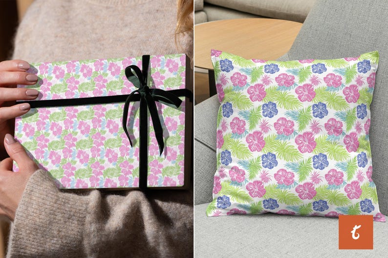 Puede incluir: Un papel de regalo con estampado floral rosa y verde con una cinta negra. El mismo patr&oacute;n tambi&eacute;n est&aacute; en una almohada.
