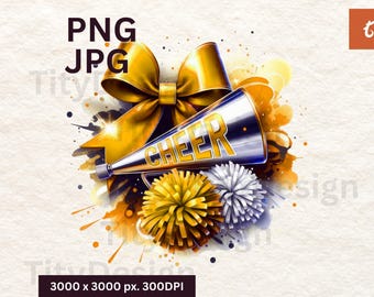 Cheer Gold and White Pom Poms Watercolor Sublimation - Cheer Gold and Black Digital Download - Cheerleading Design with Cheer Bow