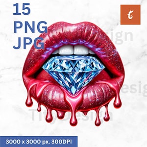 Pink Dripping Lips with Diamond Clipart - Watercolor Glam Lipstick PNG - Kiss Lips Sublimation - Glitter Lip Art - Pink Valentine Digital