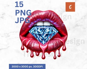 May include: A pair of red lips with a large blue diamond in the center. The lips are dripping with red gloss.