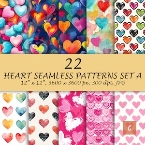 22 Seamless Heart Pattern JPG - Valentine Digital Papers Theme - Printable Hearts Background Wallpaper Scrapbooking - Commercial Use