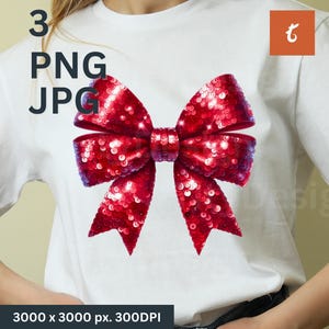 Christmas Sequin Bow PNG - Red Coquette Bow Sublimation - Valentines Sparkle Ribbon Shirt Clipart - Winter Love Girl Shirt Design PNG
