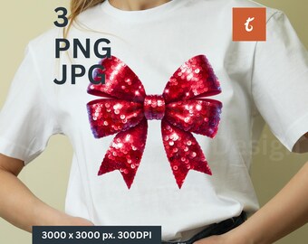 Christmas Sequin Bow PNG - Red Coquette Bow Sublimation - Valentines Sparkle Ribbon Shirt Clipart - Winter Love Girl Shirt Design PNG