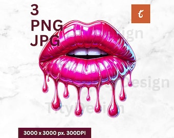 Glossy Dripping Lips Clipart - Glitter Pink Lips Sublimation - Valentine Lips PNG - Vibrant Pink Lip Art Shirt Design - Beauty Bloggers