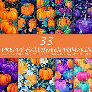 May include: 33 digital seamless patterns featuring preppy Halloween pumpkins in various colors and styles. The patterns are 12 inches by 12 inches and 3600 pixels by 3600 pixels, with a resolution of 300 DPI. The patterns are in JPG format.