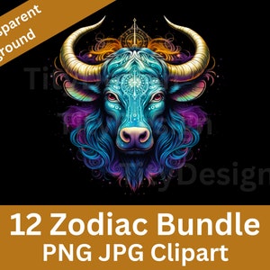 Zodiac Bundle Clipart - 12 Astrology PNGs | Horoscope Sublimation | Celestial Star Sign Design | Digital Download