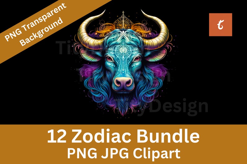 May include: A colorful illustration of a blue bull's head with gold horns and a purple, blue, and gold mandala design. The bull's head is surrounded by a swirling pattern of purple, blue, and gold.