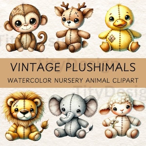 Watercolor Nursery Animal Clipart Bundle for Baby Shower - Vintage Plushimal Sublimation - Cute Animals - Baby Animal Decor - Toddler Animal