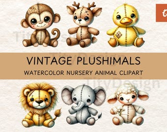 Watercolor Nursery Animal Clipart Bundle for Baby Shower - Vintage Plushimal Sublimation - Cute Animals - Baby Animal Decor - Toddler Animal