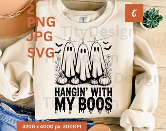 Funny Hanging Ghosts Halloween PNG, Hangin’ With My Boos Shirt Design, Cute Ghost png, Funny Ghost png, Spooky Season, Retro Fall png