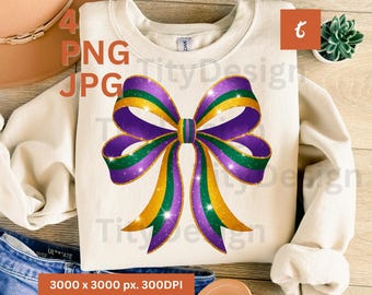 Mardi Gras Glitter Bow PNG Sublimation - Purple Green Gold Sparkle Bow Clipart for Shirt Design, Tumbler, Digital Download, Purple Green