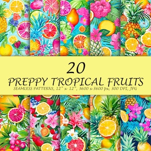 Papier numérique Preppy Paradise - motif fruits d'été - fruits tropicaux preepy - papier de scrapbooking imprimable 20 JPG - téléchargement immédiat