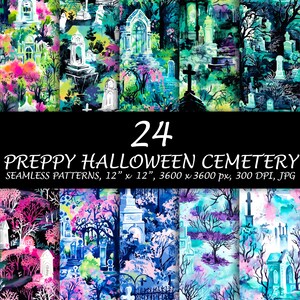 Op de afbeelding: 24 digitale naadloze patronen met een preppy Halloween-kerkhofthema. De patronen zijn in aquarelstijl met een verscheidenheid aan kleuren, waaronder roze, blauw, groen en paars. De patronen bevatten grafstenen, kruisen en andere kerkhofelementen.