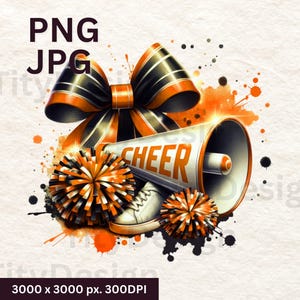 Cheer Orange Black Watercolor Sublimation - Cheerleading Design with Pom Poms - Cheer Orange White Megaphone - University Sports Clipart PNG