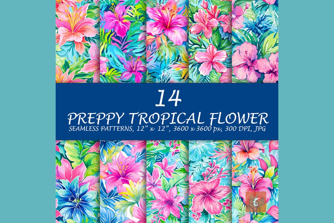 Preppy Paradise Seamless Pattern - Summer Flower Digital Paper - Floral ...