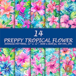 Preppy Paradise Seamless Pattern - Summer Flower Digital Paper - Floral Beach Printable Scrapbook Paper - Instant Download