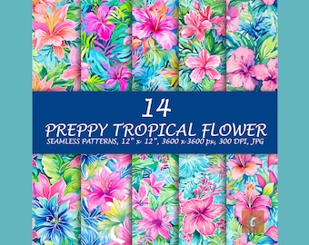 Preppy Paradise Seamless Pattern - Summer Flower Digital Paper - Floral Beach Printable Scrapbook Paper - Instant Download