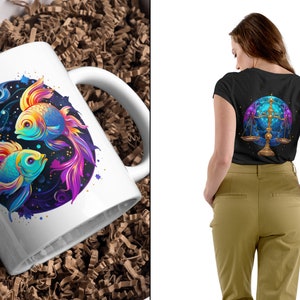 May include: A white ceramic mug with a colorful illustration of two fish, representing the Pisces zodiac sign, on a dark blue background with stars.
