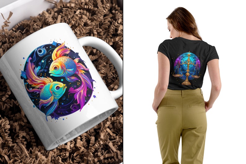 May include: A white ceramic mug with a colorful illustration of two fish, representing the Pisces zodiac sign, on a dark blue background with stars.