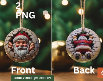 3D Christmas Break Through Ornament Sublimation - Christmas Round Ornament PNG - Adorable Santa Clipart - 3d Print Christmas Decor