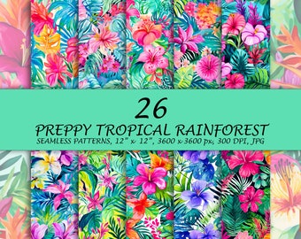Patrón sin costuras de la selva tropical preppy - 26 papel digital de flores de verano - Tema de patrón de Hawái - Descarga instantánea - Vacaciones vibrantes